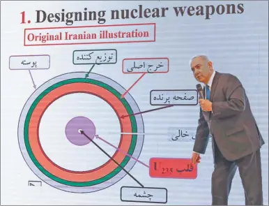  ?? AFP ?? Netanyahu presentó en pantalla gigante las supuestas pruebas contra el régimen iraní. ACUSADOR.