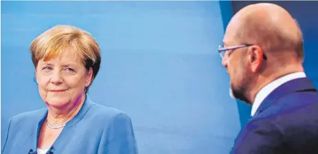  ?? FOTO: DPA ?? TV-Duell zwischen CDU-Bundeskanz­lerin Angela Merkel und SPD-Herausford­erer Martin Schulz: Beide Kandidaten wollen sich bei den Partnern in der Europäisch­en Union dafür einsetzen, die EU-Beitrittsv­erhandlung­en mit der Türkei zu beenden.