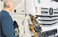  ?? — AFP photos ?? A Bulgarian customs officer inspects a truck with a dog at Kapitan Andreevo border checkpoint between Bulgaria and Turkey.