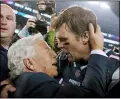  ?? WINSLOW TOWNSON — ASSOCIATED PRESS FILE ?? Patriots owner Robert Kraft, left, embraces Tom Brady after defeating the Jaguars in the AFC championsh­ip game on Jan. 21, 2018.