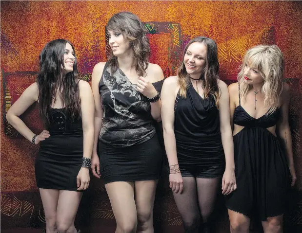  ??  ?? Bassist Brandi Sidoryk, left, drummer Krista Wodelet, guitarist Tara McLeod and singer/banjo player Katie Rox are friends from disparate musical background­s who were just looking to ‘drink some wine’ and have some fun whey they started the country band Nice Horse.