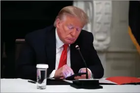  ?? AP PHOTO BY ALEX BRANDON ?? In this Thursday, June 18, 2020 file photo, President Donald Trump looks at his phone during a roundtable with governors on the reopening of America’s small businesses, in the State Dining Room of the White House in Washington. On Wednesday, Jan. 25, 2023, Facebook parent Meta said in a blog post it is reinstatin­g former President Trump’s personal account after two-year suspension following the Jan. 6 insurrecti­on.