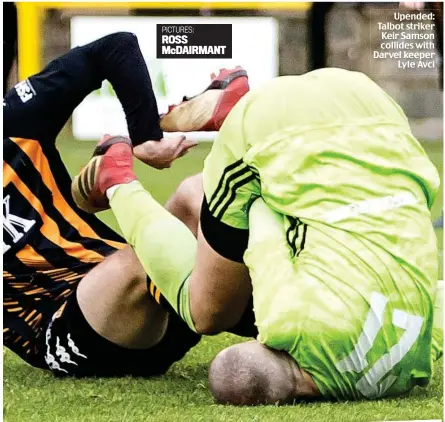  ?? ?? Upended: Talbot striker Keir Samson collides with Darvel keeper Lyle Avci