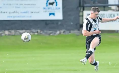  ?? ?? SORE ONE: Fraserburg­h’s Paul Campbell scores in the Broch’s 6-2 victory over Brora Rangers back in August.