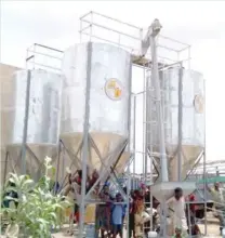  ??  ?? 4 units of five tonnes silos developed by NSPRI and installed at Dawanau grain market in Kano