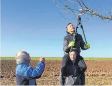  ?? FOTO: SECKLER ?? Wenn die Leiter fehlt, muss man sich behelfen. Beim Umwelttag in Pfahlheim sind unter anderem die Obstbäume an den Straßen beschnitte­n worden.