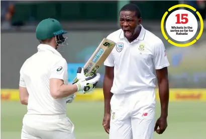  ?? Reuters ?? South Africa’s Kagiso Rabada celebrates after taking the wicket of Australia’s Steve Smith in the second Test. — 15 Wickets in the series so far for Rabada