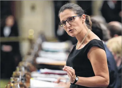  ?? CP PHOTO ?? Minister of Foreign Affairs Chrystia Freeland stands during question period in the House of Commons on Parliament Hill in Ottawa.