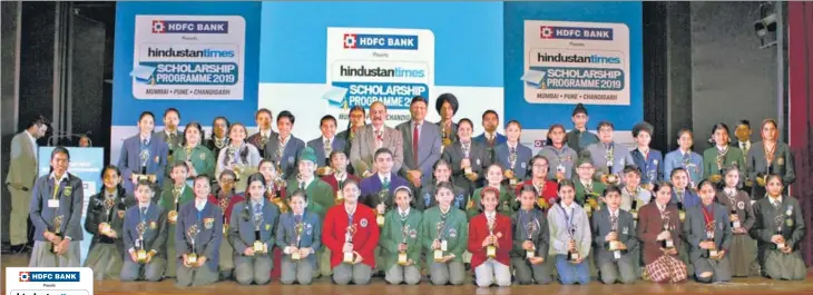  ??  ?? The 50 winners of Hindustan Times Scholarshi­p Programme, 2019, with chief guest Dr G Dewan, director, health services, Chandigarh, and Jatinder Gupta, senior vice-president, HDFC Bank, Chandigarh, at the auditorium of Mahatma Gandhi State Institute of Public Administra­tion in Sector 26, Chandigarh, on Thursday. PHOTOS: GURMINDER SINGH/HT