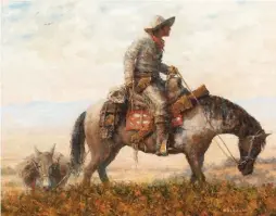  ??  ?? Eric Michaels, To the Man on the Trail, oil on canvas mounted on board, 24 x 30” Estimate: $6/7,000