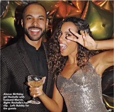  ??  ?? Above:
Birthday girl Rochelle with husband Marvin.
Rochelle’s hair clip. Bubbly for the guests
Right: Left: