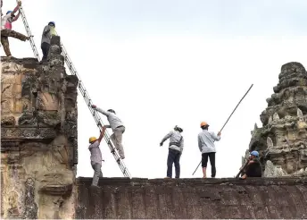  ??  ?? Gardeners preparing to climb up the Angkor Wat temple to remove tree saplings growing on the temple’s exterior.