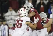  ?? YOUNG KWAK — THE ASSOCIATED PRESS ?? Stanford tight end Sam Roush (86) blocks Washington State defensive lineman Nusi Malani (15) during the second half last Saturday in Pullman, Wash.