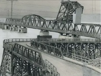  ?? FILES ?? A photo by Leonard Frank shows the first Second Narrows Bridge, circa 1925 to 1930. The bridge was opened on Nov. 7, 1925, but was closed and redesigned after a ship hit it in 1930. This print has been heavily doctored to make it appear better in the...