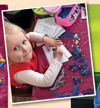  ?? ?? Nelly Fleetwood at work making badges to support Ukrainian refugees; left, the badges arranged in a heart shape; right, Nelly wearing the badge with pride