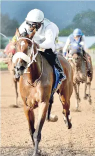  ?? PHOTOGRAPH­ER KENYON HEMANS/FREELANCE ?? MSMYRTLERI­CHIEGIRL (Chris Mamdeen) wins the ninth race on Saturday, December 29, at Caymanas Park.