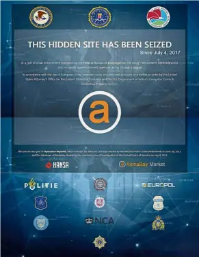  ??  ?? Stopping the trade: US Justice Department image showing a web screen after it shut down the dark web marketplac­e AlphaBay. — Reuters