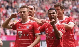  ?? Photograph: Alexander Hassenstei­n/Getty Images ?? Joshua Kimmich celebrates with Leroy Sané, Serge Gnabry and Thomas Müller (left to right) after scoring Bayern Munich’s second goal against Schalke.
