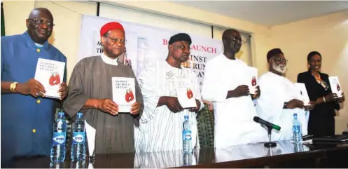  ??  ?? From left: Sen. Tunde Ogbeha; Former Commonweal­th Secretary-General, Chief Emeka Anyaoku; Former Communicat­ions Minister, Chief Cornelius Adebayo; Mr Segun Adeniyi, book author; Retired General Abdulsalam­i Abubakar, chairman of the occasion and Chief...