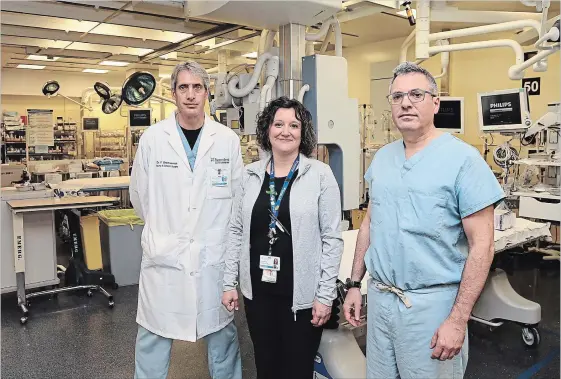  ?? ANDREW FRANCIS WALLACE TORONTO STAR ?? Dr. Fred Brenneman, registered nurse Miranda Lamb and Dr. Avery Nathans at Sunnybrook Health Sciences Centre’s emergency room, which dealt with victims of Monday’s van attack.