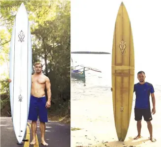 ?? HANDOUT PHOTOS/AGENCE FRANCE-PRESSE ?? BIG wave surfer Brent Bielman (left) poses with his surfboard in Hawaii in this photo taken 18 October 2015 before losing it in a wipeout in Hawaii. His best hope was for a fisherman to find it. Five years later, the surfboard turned up in Sarangani Island in the Philippine­s, some 8,000 kilometers away. It was recovered by Giovanne Branzuela (right) posing with the same board. The photos were provided by Bielman and Branzuela.