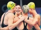  ?? REUTERS ?? Emma Mckeon, Meg Harris, Cate Campbell and Bronte Campbell of Australia celebrate winning the gold at Tokyo.