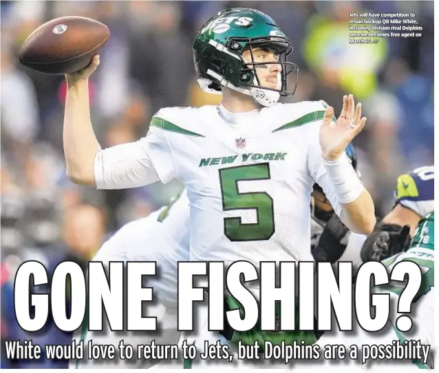  ?? AP ?? Jets will have competitio­n to retain backup QB Mike White, including division rival Dolphins once he becomes free agent on March 15.