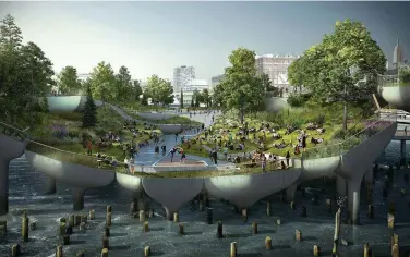  ??  ?? Una recreación digital de la futura Diller Island, un gran jardín urbano y un ambicioso centro cultural que costará 250 millones de dólares.