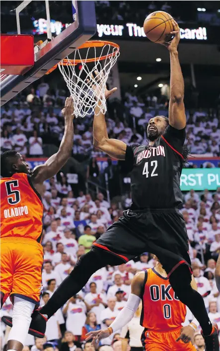  ?? —THE ASSOCIATED PRESS ?? Houston Rockets centre Nene was a perfect 12 for 12 shooting field goals Sunday against the Oklahoma City Thunder in Game 4 of their first-round NBA playoff series in Oklahoma City.