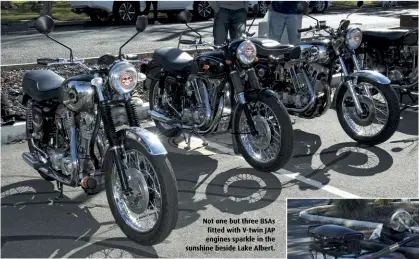  ??  ?? Not one but three BSAs fitted with V-twin JAP engines sparkle in the sunshine beside Lake Albert.