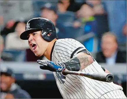  ?? KATHY WILLENS/AP PHOTO ?? Gary Sanchez of the Yankees reacts after hitting an RBI single in the fifth inning of Wednesday’s ALCS game against the Astros.