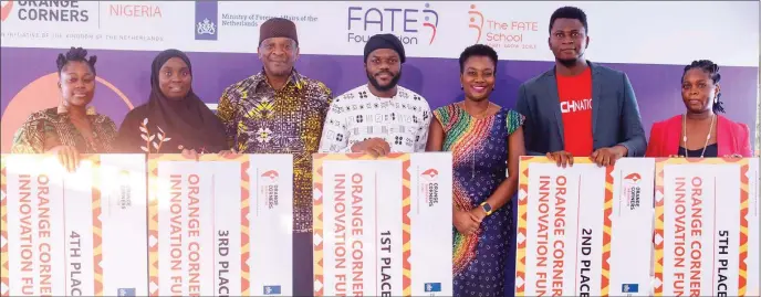  ?? ?? L-R: Founder, Klay Functional Foods & Production Limited, Hawau Kolawole; Founder, Tquart Food, Lateefat Adelekan; Dean & Director, The FATE School, Bambo Adebowale; Founder, Deluxe Creation Studios, Edu Shola; Executive Director, FATE Foundation, Adenike Adeyemi; Founder, Film Anatomie Manufactur­ing, Chukwuka Otekeiwebi­a and Cofounder, Nutrition4­Kids NG, Omolabake Matthew at the 2023 Orange Corners Innovation Fund Award Ceremony in Lagos… recently