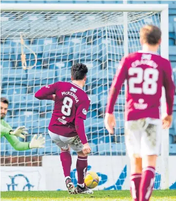 ??  ?? SPOT ON: Keeper Adam Legzdins is down quickly to save Michael McKenna’s first-half penalty kick before Danny Mullen rises above the Arbroath defence with the opener to set Dundee on the way to a 2-0 victory at Dens Park.