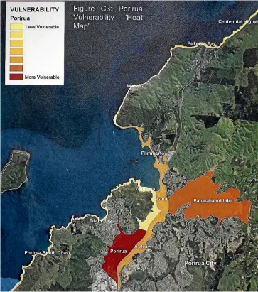  ??  ?? A graphic from the report showing some areas around Wellington most vulnerable to climate change. Dark brown indicates the most vulnerable locations, and light yellow the least.