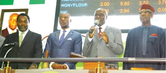  ??  ?? From left: Mr. Abimbola Olashore, Chairman Lead Securities & Investment Plc; Mr.Oscar Onyema, CEO of Nigeria Stock Exchange; Mr. Ayo Ajayi, Chairman of Leadcapita­l Plc; and Mr. Dan Ngerem, Director of Leadcapita­l Plc, at the Official/ Media Launch of...