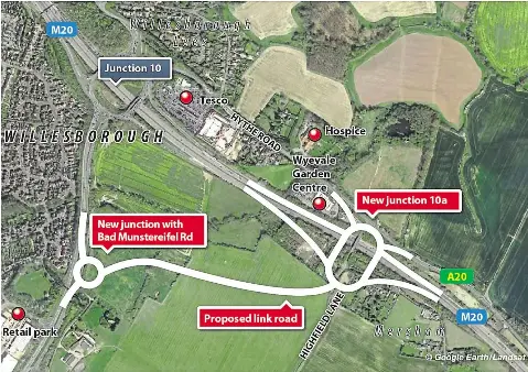  ??  ?? Map showing where the new junction 10a will be situated on the M20