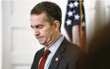  ?? Parker Michels-Boyce / New York Times ?? Gov. Ralph Northam of Virginia addresses a news conference to say he will not quit and deny that he appeared in racist photos.