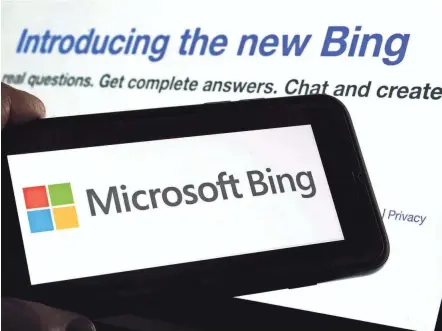  ?? RICHARD DREW/AP ?? Some early adopters of the public preview of the new Bing began sharing screenshot­s on social media of its hostile or bizarre answers, in which it claims it is human, voices strong feelings and is quick to defend itself.