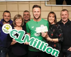  ??  ?? Kevin O’Connor, above, after collecting his winning cheque with his girlfriend, Chloe O’Leary, and, left, with his family; (l-r) brother Brian, godmother Margaret Murphy, godfather Peadar Murphy, mum Breda and father Brian. Photos: Mac Innes...