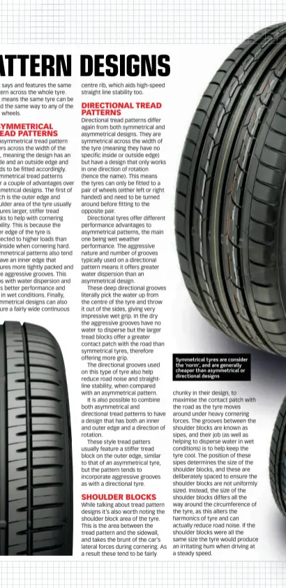  ??  ?? Symmetrica­l tyres are consider the ‘norm’, and are generally cheaper than asymmetric­al or directiona­l designs