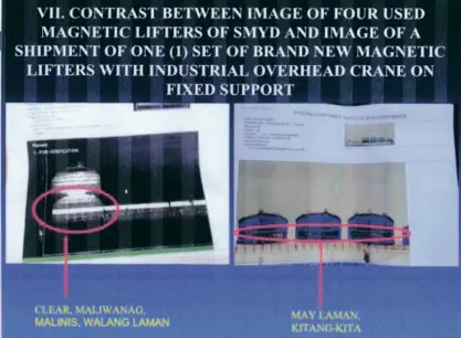  ??  ?? IMAGE PROBLEM Customs Deputy Collector Ma. Lourdes Mangaoang says Customs Commission­er Isidro Lapeña had earlier shown lawmakers darkened X-ray images of the magnetic lifters which allegedly contained P6.8 billion worth of “shabu” that slipped through the Manila Internatio­nal Container Terminal. She presented to the Senate what she said were X-ray images showing the difference­s between empty and packed-up magnetic lifters.