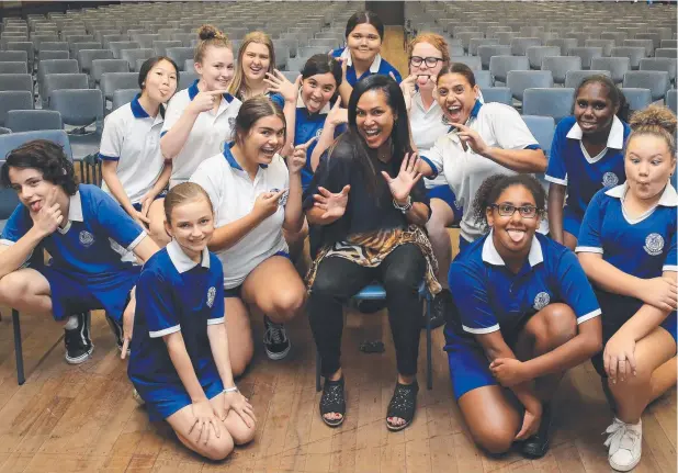  ?? Picture: JUSTIN BRIERTY ?? GOOD TIMES: Performer Christine Anu enjoys a lighter moment at Cairns State High School with students Kye Higginson, Saki Ikeda, Sara Burns, Molly Baldwin, Leah Gardner, Breanna Strooper, Ci’ellah Anu, Katelyn Row, Keyona Ivarech, Catherine Harbert,...