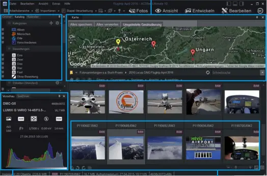  ??  ?? Alles im Blick Mit Kategorien und Bewertunge­n hält ACDSee Ihre Aufnahmen jederzeit parat. Baukastenp­rinzip: Überflüssi­ge Bedienfeld­er können Sie jederzeit ausblenden und wieder anzeigen. Große Reise ACDSee ordnet Ihre Bilder auf Landkarten an und trägt...