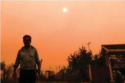  ?? (AFP) ?? A MAN is seen during a fire in Santa Juana, Concepcion province, Chile on Friday, Feb. 3, 2023. Chile has declared a state of disaster in several central-southern regions after a devastatin­g heat wave provoked forest fires that left 13 people dead, authoritie­s said on Friday.