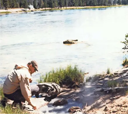  ?? PHOTOS COURTESY OF TOM BROCK ?? Microbiolo­gist Tom Brock collects one of his first samples from the Yellowston­e River in 1964. A pioneer in his field, Brock's discovery of bacteria that can live in extremely high temperatur­es led to major advancemen­ts in biology and medicine, including the technology that is used in COVID-19 PCR tests.