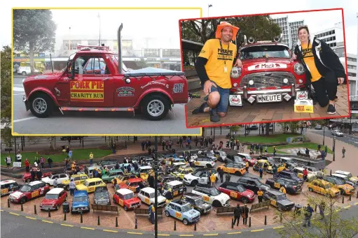  ?? PHOTOS: GREGOR RICHARDSON AND LAURA SMITH ?? Made it . . . Chris Westlake and partner Tracey BiglandFro­st, of Dargaville, next to their 1965 Mini which has been made to look like a Mack truck. Pork Pie Charity Run Minis gather in the Octagon, in Dunedin yesterday