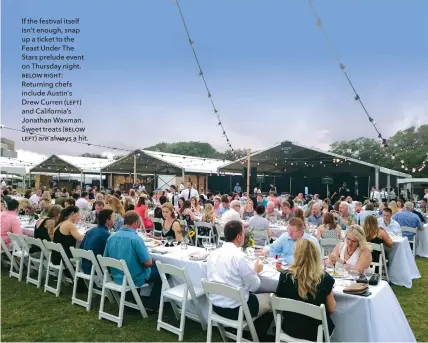  ??  ?? If the festival itself isn’t enough, snap up a ticket to the Feast Under The Stars prelude event on Thursday night. ƛELOW RIƠơT: Returning chefs include Austin’s Drew Curren (LEFT) and California’s Jonathan Waxman. Sweet treats (ƛELOW LEFT) are always...