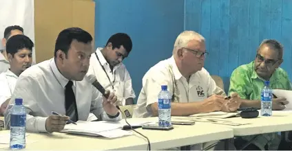  ?? Photo: Charles Chambers ?? From left: Minister for Lands and Mineral Resources, Ashneel Sudhakar, Fiji Sugar Corporatio­n chief executive officer, Graham Clark, Sugar Industry Tribunal registar, Timothy Brown during the Sugarcane Growers Consultati­on at the Penang Mill Hall, Rakiraki on January 14, 2019.