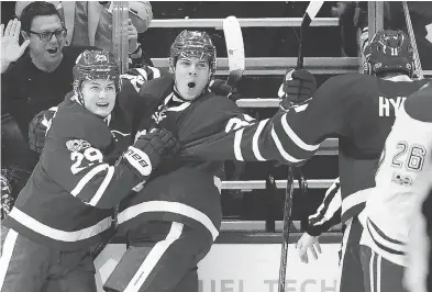  ?? FRANK GUNN / THE CANADIAN PRESS ?? With another big night Saturday against the Montreal Canadiens, Maple Leafs forward Auston Matthews, right, is four back of Wendel Clark’s franchise rookie record of most goals in the regular season (34).