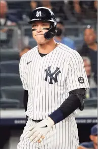  ?? Mary Altaffer / Associated Press ?? Yankees right fielder Aaron Judge reacts after striking out against the Rays last season.